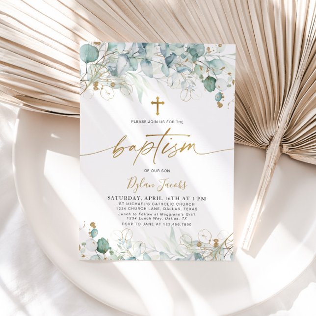 Eucalyptus Leaf e Dourado Convite ao Batismo (Criador carregado)