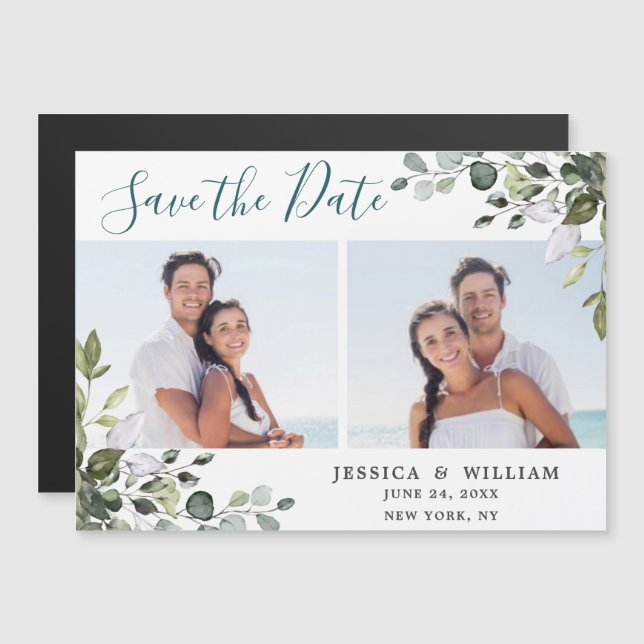 Eucalyptus PHOTO Save the Date Magnetic Card (A FO (Frente/Verso)