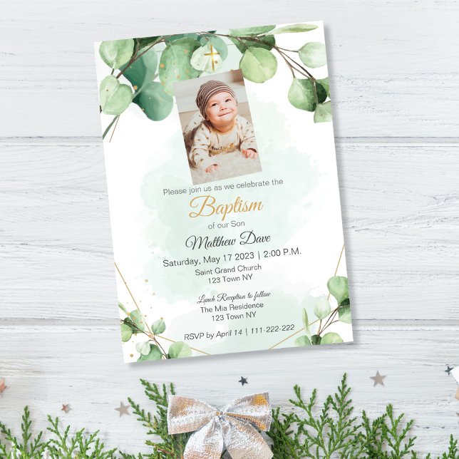 Eucalyptus verde deixa batismo convite (Eucalyptus Green Leaves Baptism Invitation)