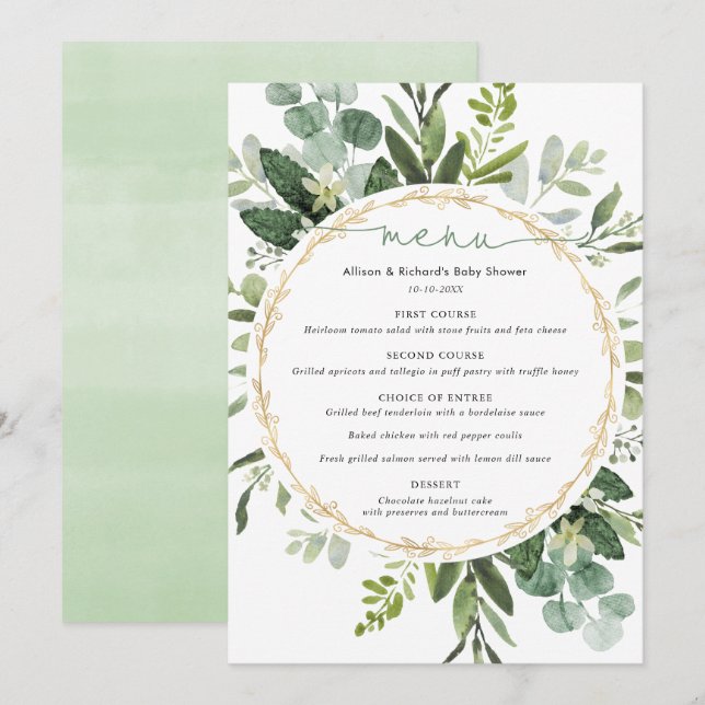 Eucalyptus verde-ouro simples menu elegante (Frente/Verso)