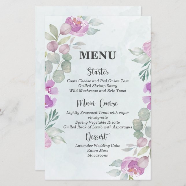 Eucalyptus Watercolor Dusty Blue WedMenu (Frente/Verso)