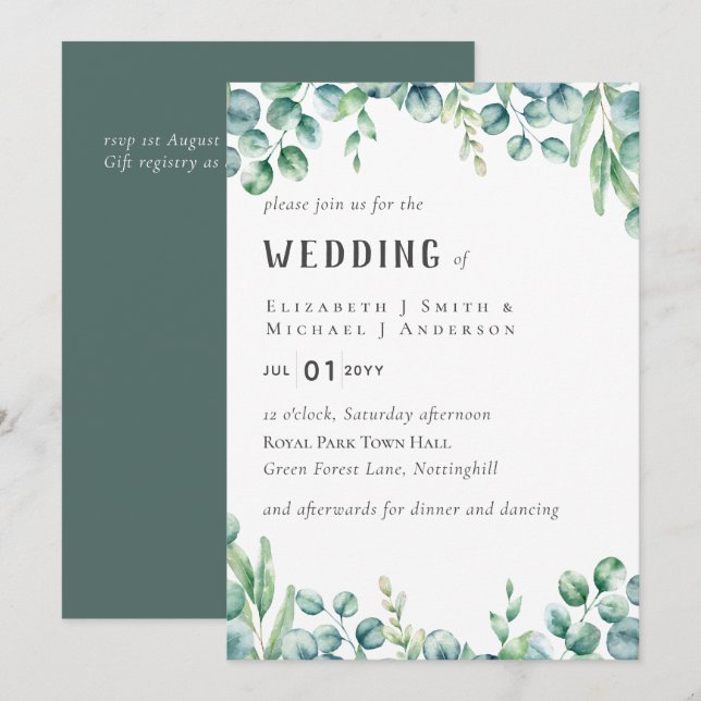 Eucalyptus Wedding Invitation Budget Greenery Leaf (Frente/Verso)