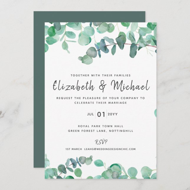 Eucalyptus Wedding Invitation Budget Greenery Leaf (Frente/Verso)