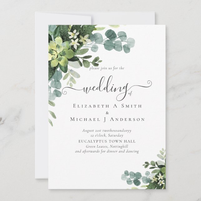 Eucalyptus Wedding Watercolor Vergy Convites (Frente)