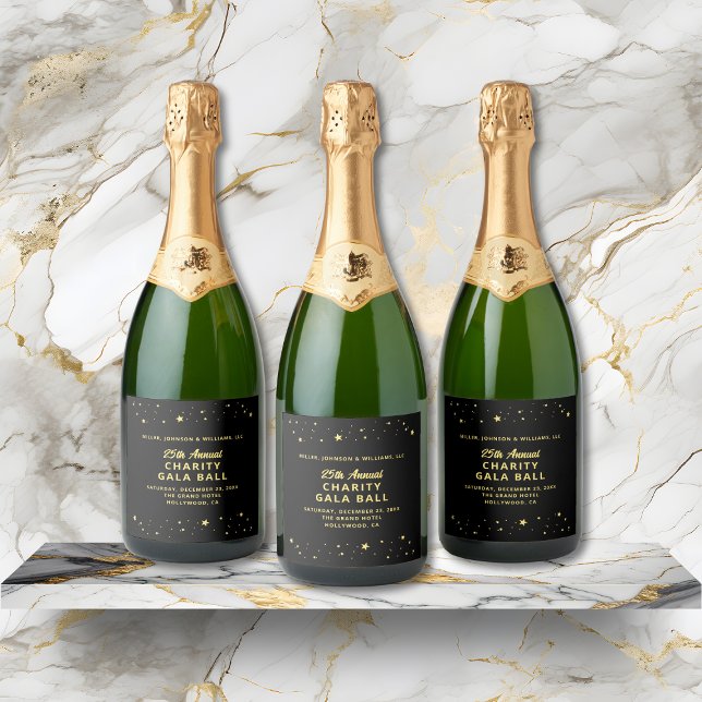 Evento de Gala de Caridade Elegante Estrelas Negra (Elegant Charity Gala Event Black Gold Stars Sparkling Wine Label with Company and Event Details.)
