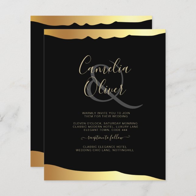Evento Elegante de Espelho Ouro de Casamento Preto (Frente/Verso)