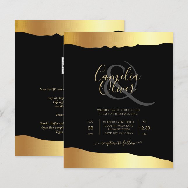 Evento Elegante de Espelho Ouro de Casamento Preto (Frente/Verso)