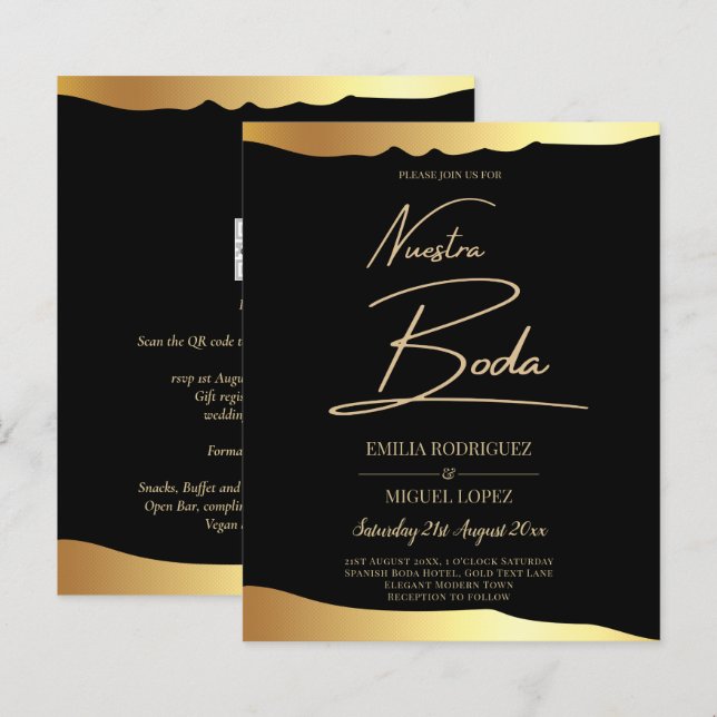 Evento Elegante de Espelho Ouro de Casamento Preto (Frente/Verso)