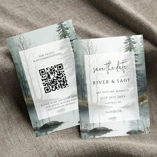 Evergreen Mist | Rustic Forest QR Save the Date (Criador carregado)