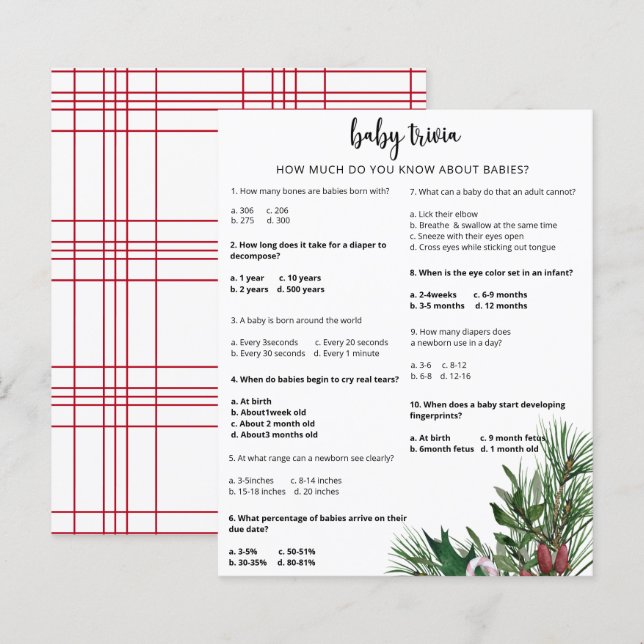 Evergreen Snow Baby Trivia | Jogo Chá de fraldas (Frente/Verso)