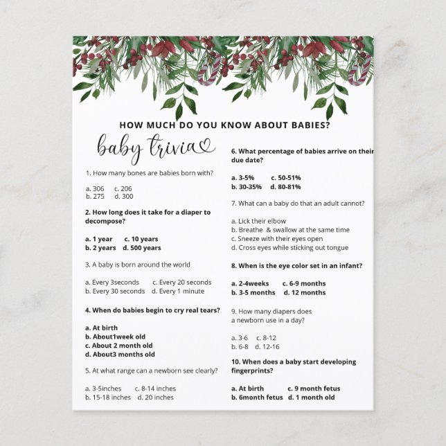 Evergreen Snow Baby Trivia | Jogo Chá de fraldas (Frente)