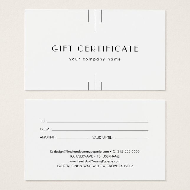 EVERLY Art Deco Minimal Business Gift Certificate (Frente & Verso)