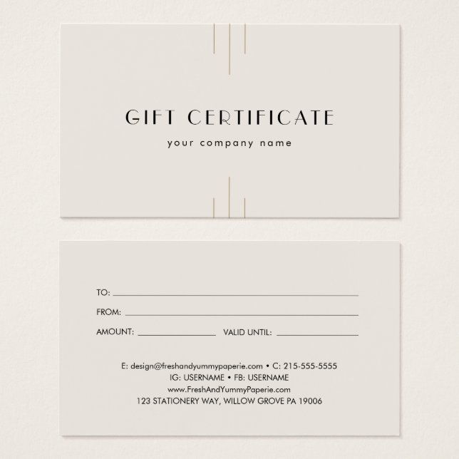 EVERLY Ivory Gold Black Business Gift Certificate (Frente & Verso)