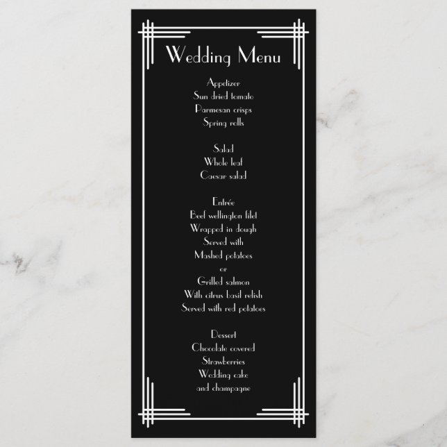 Excelente Branco Negro Gatsby Art Deco Menu Casame (Frente)