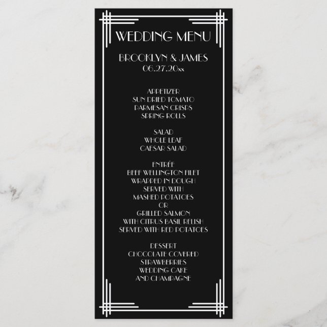 Excelente Branco Negro Gatsby Art Deco Menu Casame (Frente)