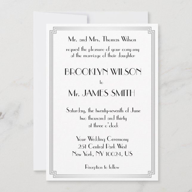 Excelente Gatsby Art Deco Silver White Convites de (Frente)