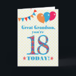 Excelente Grandson 18º Cartão de Balões de Bunting<br><div class="desc">Um cartão de aniversário colorido para um neto excelente de 18 anos, O grande número 18 está cheio de um padrão laranja, vermelho e azul, esboçado em azul brilhante. Há balões e bunting no topo, em cores coincidentes e a saudação do cobrir dianteiro é, 'neto Excelente, você tem 18 anos...</div>