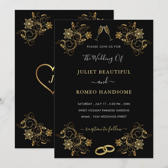 Exemplo de Convite de Casamento Floral Preto e Dou (Frente/Verso)