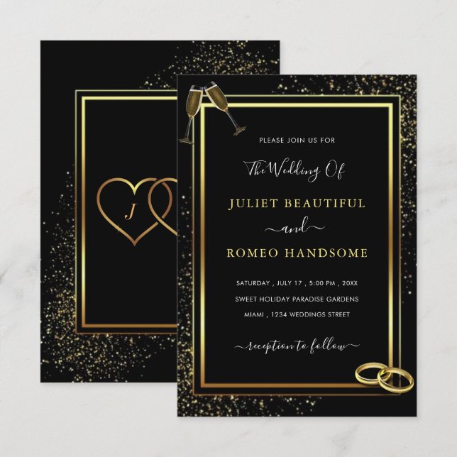 Exemplo de Convite para Casamento Dourado Design B (Frente/Verso)