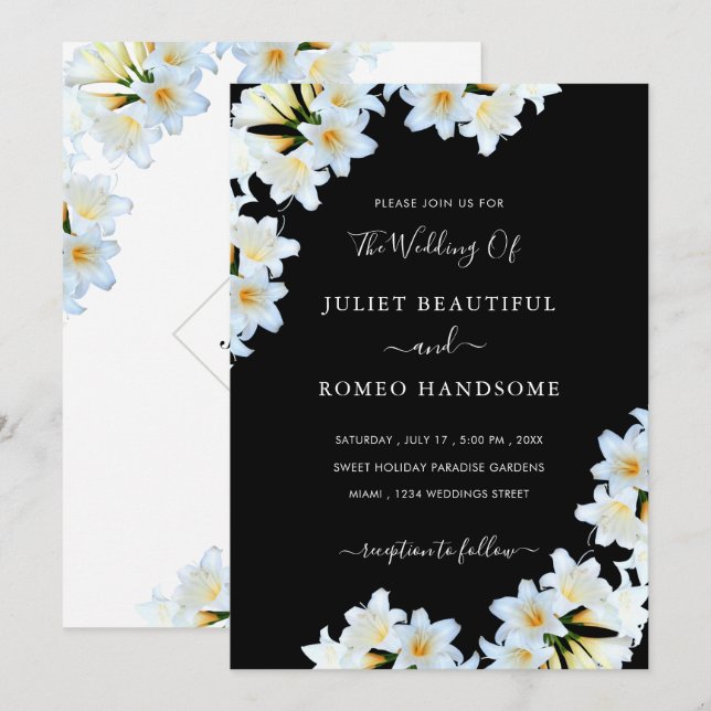 Exemplo de Convite para Casamento Negro de Lírios  (Frente/Verso)