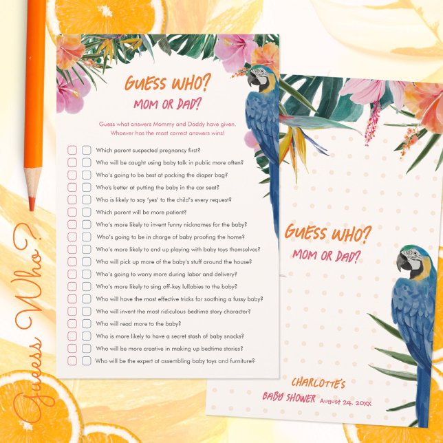 Exótico Jogo de Adivinhação de Bebê Chuveiro de Be (Exotic Tropical Parrot Guess Who Baby Shower Game ©Susanne Sachers - Sunny Mind 🌞)