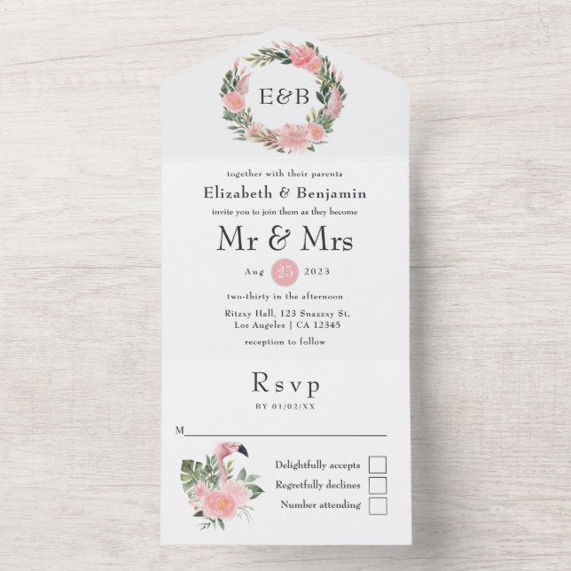 Exótico Monograma de Casamento de Flamingo Rosa Tr (Interno)