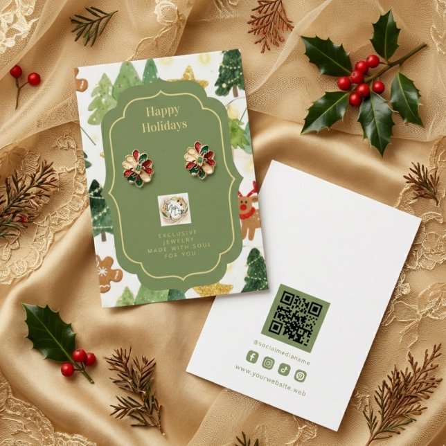Expositor de Joias Floresta de Natal Rústica TMF26 (Rustic Christmas Forest and Gingerbread in Watercolor Effect Jewelry Display Card with Business Logo)