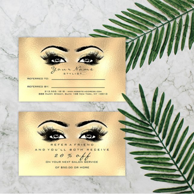Extensão de Lashes de Maquiagem Dourada do Cartão  (Salon Referral Card Gold Makeup Lashes Extension)