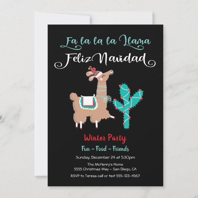 Fa la la Lhama Feliz Natal Convite para Festa (Frente)