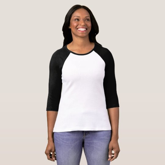 Camiseta feminina mangas raglan 3/4 da Bella+Canvas, Branco/Preto