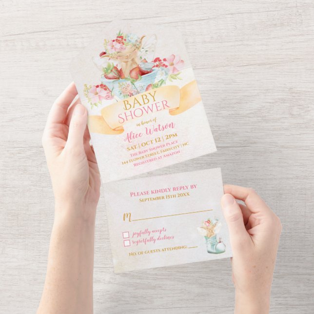 Fada Bebê em uma Xícara de Morango Baby Shower (Aba destacável)