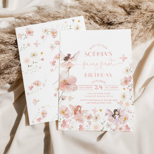 Fada Floral Rosa Primeiro Convite de Aniversário