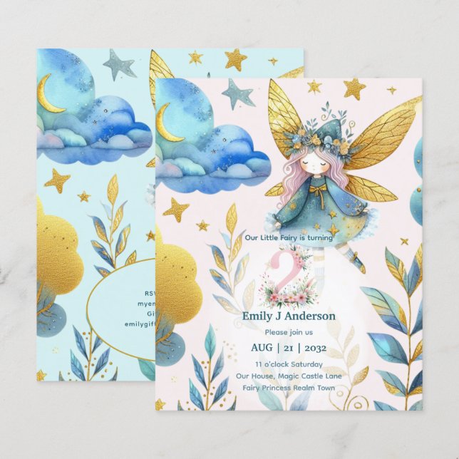 Fada-segundo aniversário Fairytale DOIS HOJE Anive (Frente/Verso)