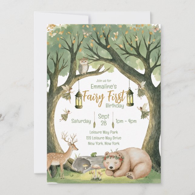 Fairy First Woodland Birthday Convite (Frente)