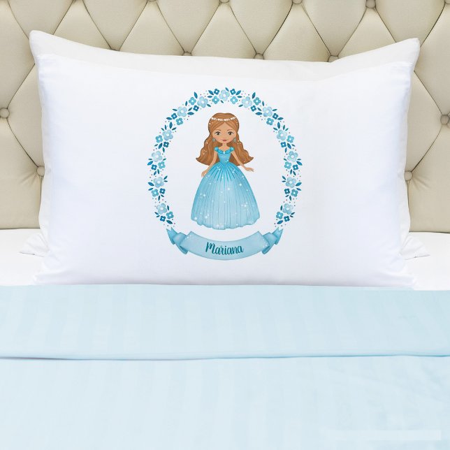 Fairytale Princess Girl Pillowcase (A cute girls blue princess pillowcase. Personalize it with your girls name. So cute for her bed.)