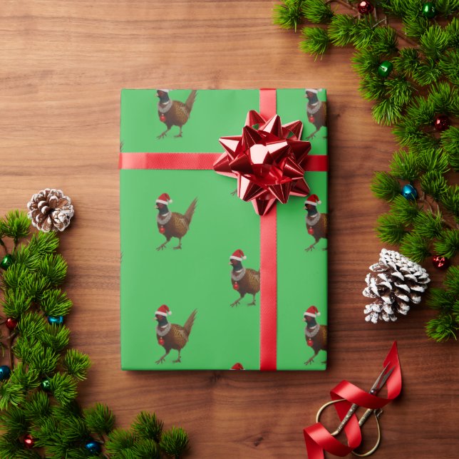 Faisão em papel de embrulho de Natal verde (Presente de Natal)