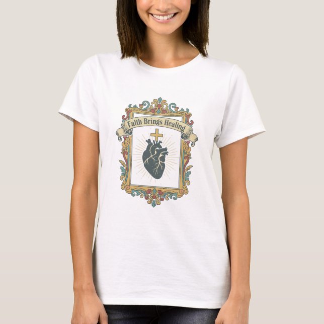 Faith Brings Healing Vintage Sacred Heart T-shirt (Frente)
