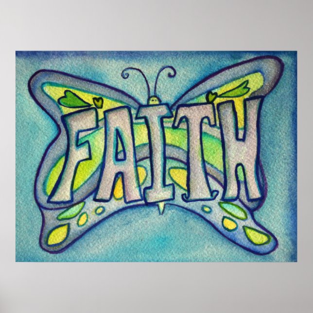 Faith Word Blue Butterfly Impressão Poster (Frente)