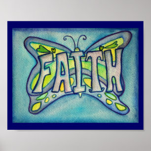 Faith Word Blue Butterfly Poster Impressão Art