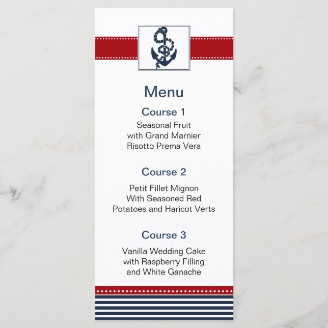 faixas de marinho, âncora, cartões de menu náutico (Frente)