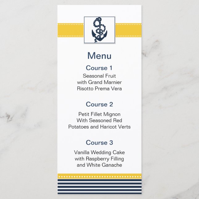faixas de marinho, âncora, cartões de menu náutico (Frente)
