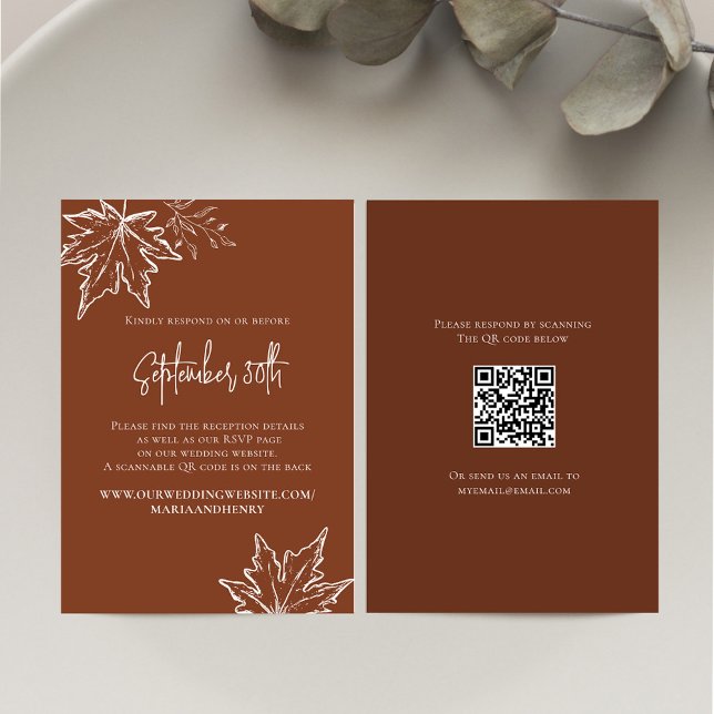 Fall Autumn deixa casamento Código QR RSVP (Burgundy Fall wedding RSVP card with a scannable QR code. )