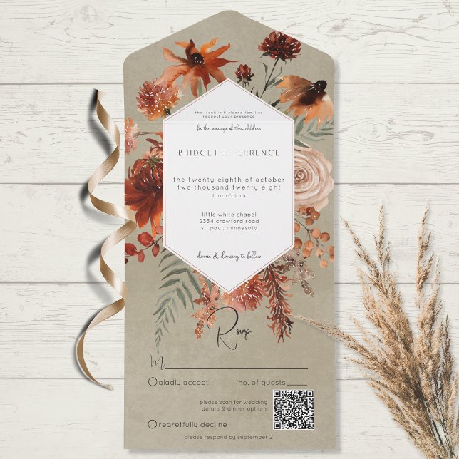 Fall Boho Rust & Peach Floral Frame Sage Código QR (Criador carregado)