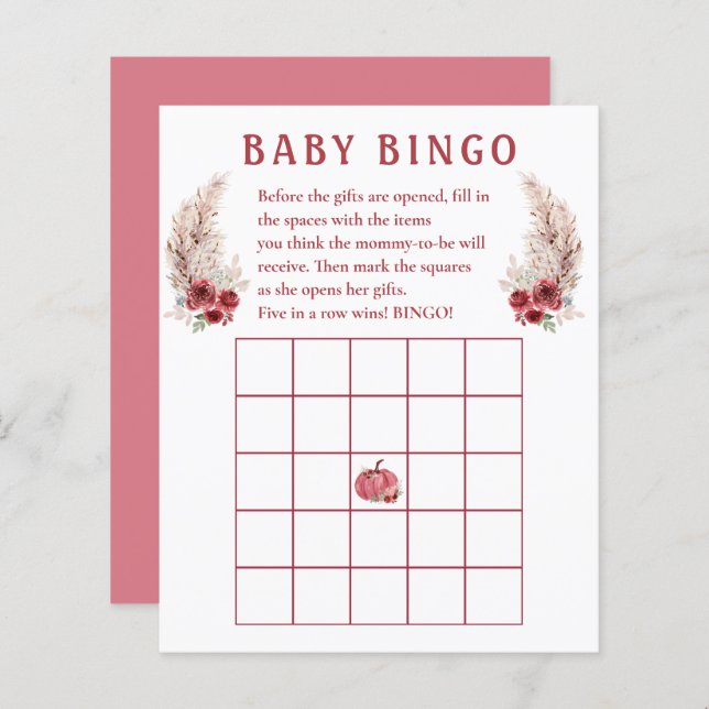 Fall Chá de fraldas Boho Pumpkin Baby Bingo Game (Frente/Verso)