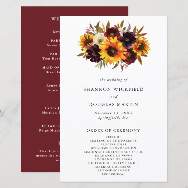 Fall Floral Sunflower Rustic Weding Program (Frente/Verso)