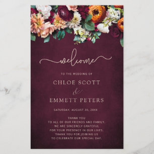 Fall Flowers Burgundy Wedeceremony Program