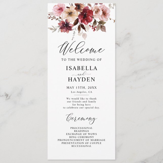 Fall Maroon Blush Boho Floral Wedding Programa Pla (Frente)