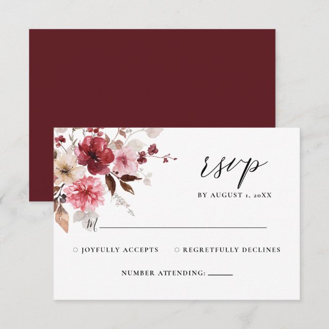 Fall Maroon Blush Rustic Floral Casamento RSVP (Frente/Verso)