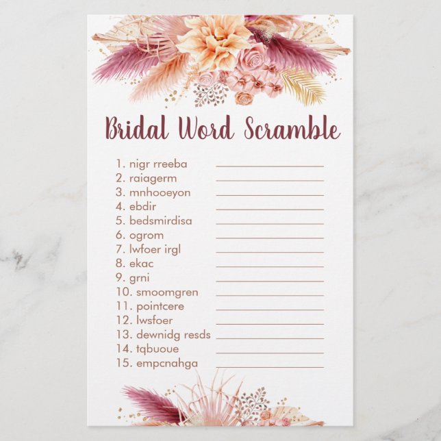 Fall Pampas Grass Boho Bridal Word Scramble Game (Frente)