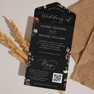 Fall Preto Flores Selvagens Código QR Casamento de